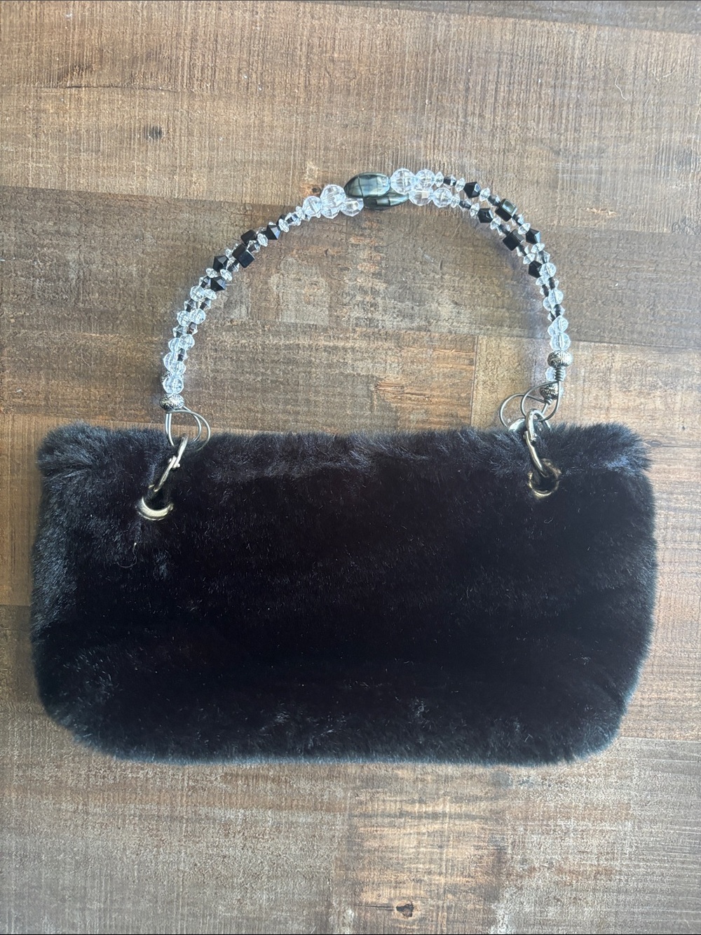 Faux Fur Black Beaded Handle Women's Clutch